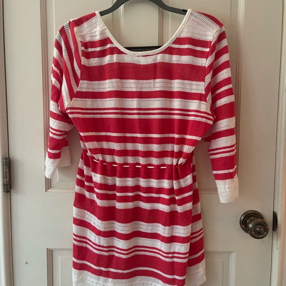 red and white striped, knit dress, coverup, casual, sporty, drawstring, light